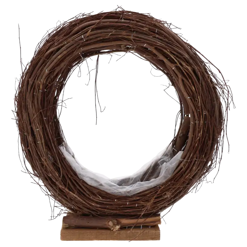 Drewniana osłonka w formie okręgu o średnicy 35 cm na stabilnej podstawie. Naturalna baza do kompozycji florystycznych z folią ochronną wewnątrz, idealna jako dekoracja.