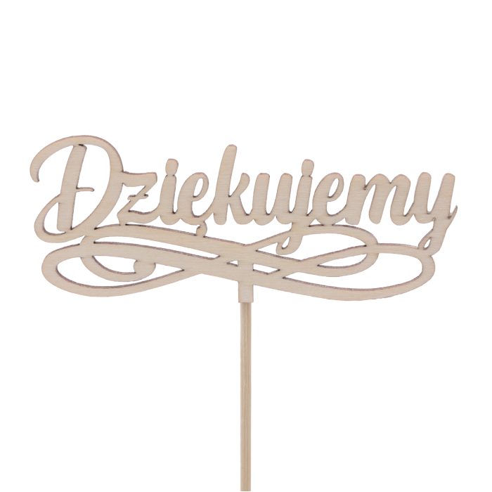 Drewniany napis na piku Dziękujemy o wymiarach 11x5 cm. Toppery napisy idealne jako podziękowanie dla rodziców lub nauczycieli. Całkowita długość wynosi 33 cm, wykonane z naturalnego drewna o grubości 2 mm.