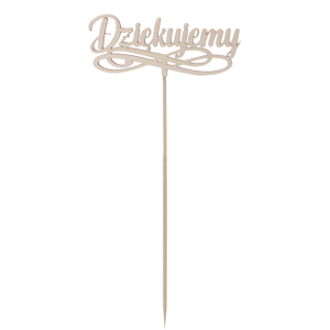 Pełny widok na drewniany napis na piku o długości 33 cm. Toppery napisy na piku w kolorze naturalnego drewna do dekoracji bukietów.