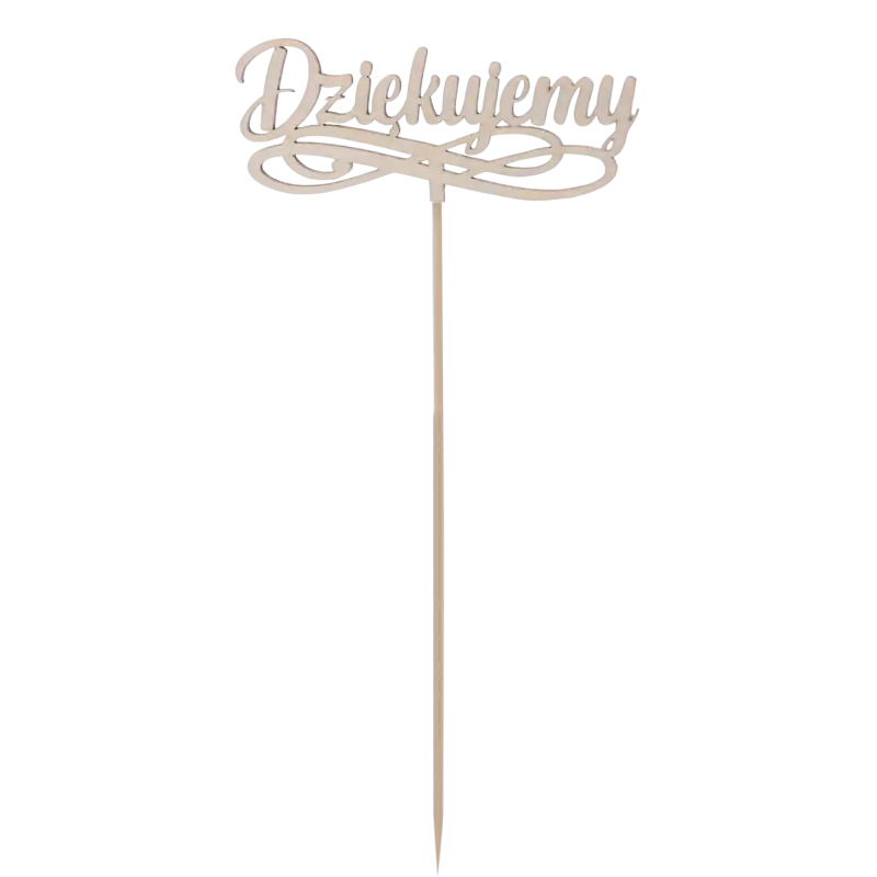 Pełny widok na drewniany napis na piku o długości 33 cm. Toppery napisy na piku w kolorze naturalnego drewna do dekoracji bukietów.