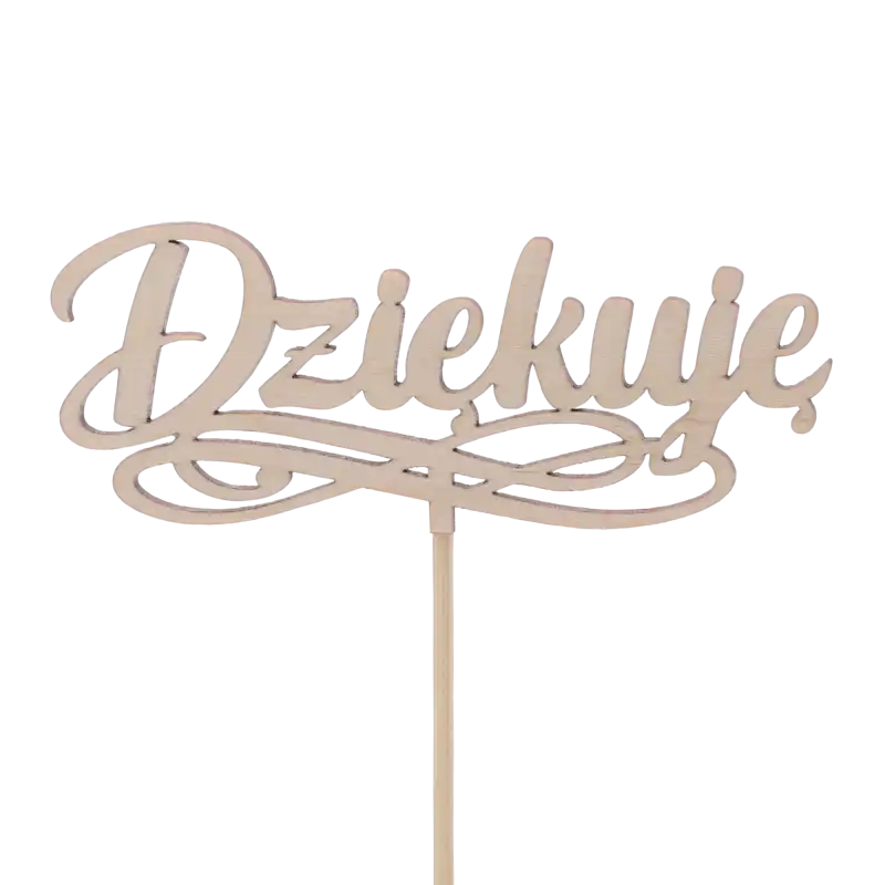 Drewniany napis na piku Dziękuję o wymiarach 11x5 cm. Dekoracyjny, naturalny topper w kolorze drewna, doskonały do personalizacji prezentów, kwiatów i podziękowań dla rodziców.