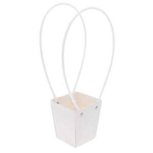 Pusta pikowana torebka kwiatowa w kolorze białym. Ujęcie z góry ukazuje wnętrze trapezowego pojemnika o wymiarach podstawy 7x7 cm z uchwytami.