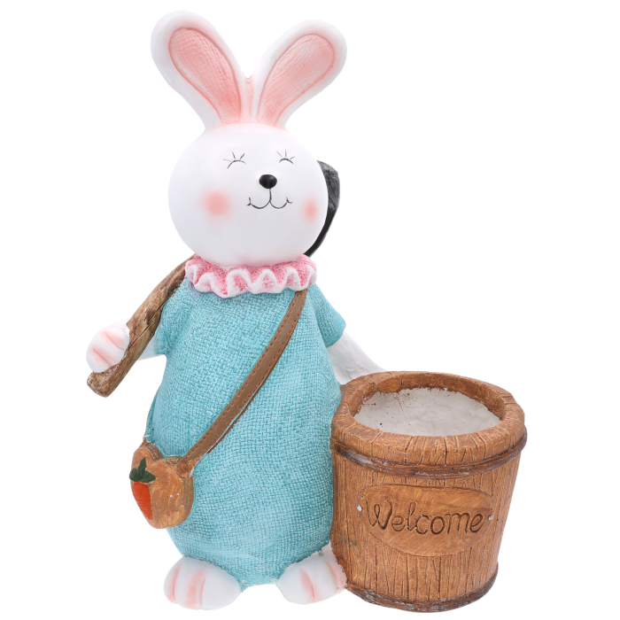 Figurka ogrodowa zając z wiaderkiem 50 cm. Poliresingowa ozdoba z donicą idealna na kwiaty do ogrodu, na balkon lub taras. Model z napisem Welcome.