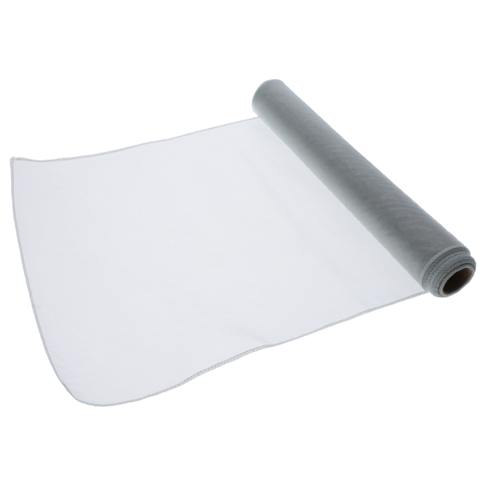Szara organza na rolce o wymiarach 35 cm x 10 y. Prześwitująca i giętka tkanina dekoracyjna do bukietów i ozdób.
