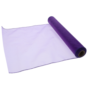 Fioletowa organza na rolce o szerokości 35 cm i długości 10 y. Prześwitująca tkanina dekoracyjna, idealna do tworzenia kokard, draperii oraz eleganckich kompozycji kwiatowych.
