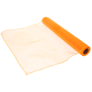 Pomarańczowa organza na rolce o wymiarach 35 cm x 10 y. Prześwitująca tkanina dekoracyjna, idealna do tworzenia kokard, draperii i subtelnych bukietów florystycznych.