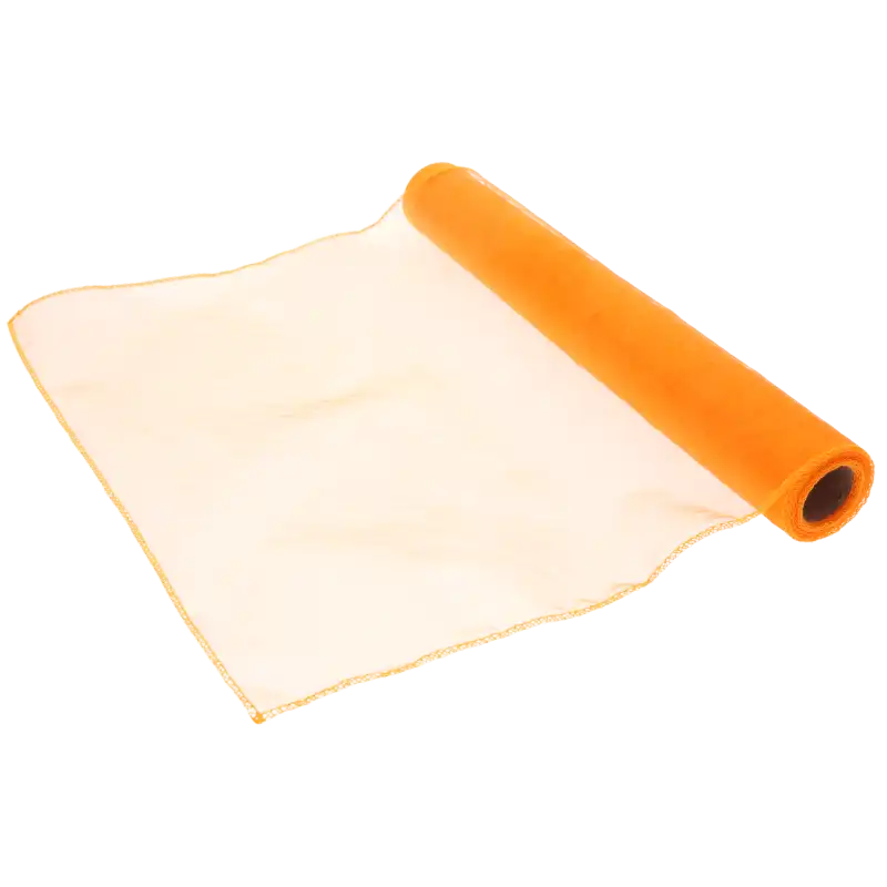 Pomarańczowa organza na rolce o wymiarach 35 cm x 10 y. Prześwitująca tkanina dekoracyjna, idealna do tworzenia kokard, draperii i subtelnych bukietów florystycznych.
