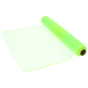 Neonowa zielona organza na rolce o wymiarach 35 cm x 10 y. Prześwitująca i giętka tkanina dekoracyjna idealna do tworzenia bukietów, kompozycji kwiatowych oraz eleganckich ozdób stołu.