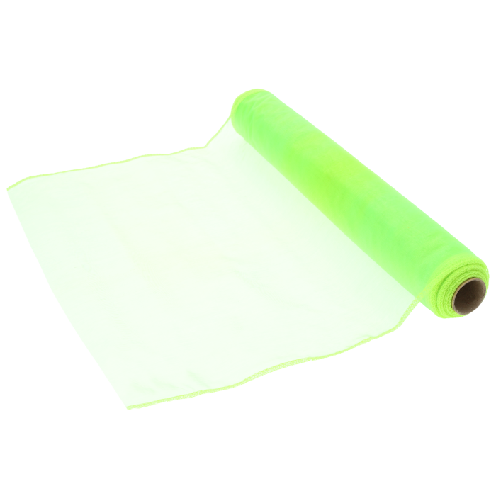 Neonowa zielona organza na rolce o wymiarach 35 cm x 10 y. Prześwitująca i giętka tkanina dekoracyjna idealna do tworzenia bukietów, kompozycji kwiatowych oraz eleganckich ozdób stołu.