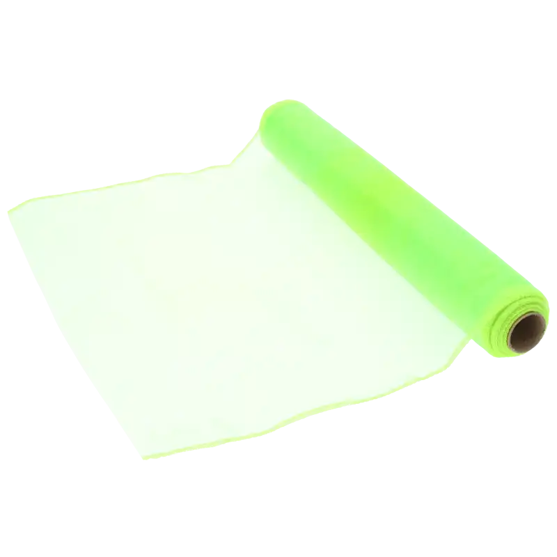 Neonowa zielona organza na rolce o wymiarach 35 cm x 10 y. Prześwitująca i giętka tkanina dekoracyjna idealna do tworzenia bukietów, kompozycji kwiatowych oraz eleganckich ozdób stołu.
