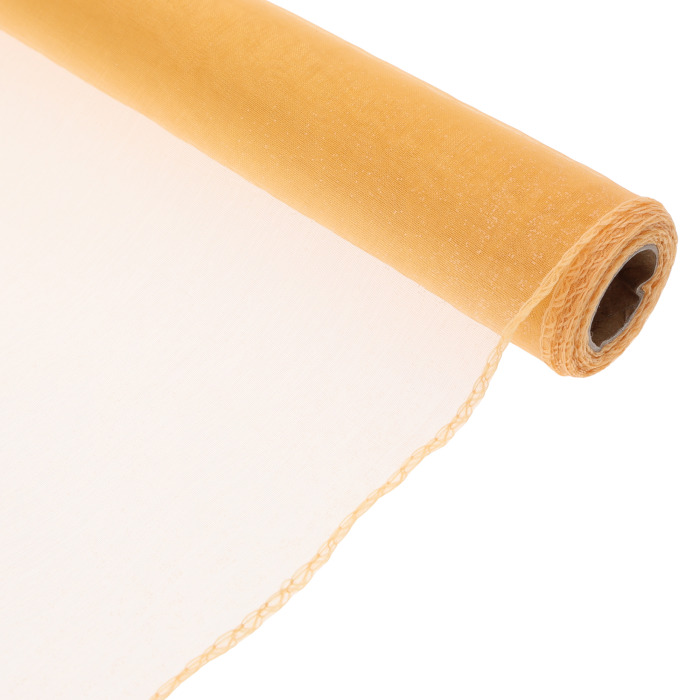 Pomarańczowa organza na rolce o szerokości 35 cm i długości 10 y. Prześwitująca tkanina dekoracyjna idealna do bukietów i ozdób.
