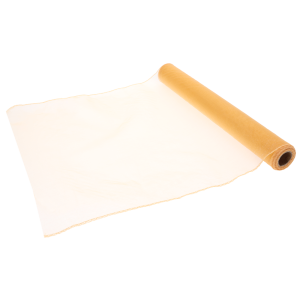Rozwinięty kawałek pomarańczowej organzy na tle rolki. Materiał jest giętki i łatwy do formowania w kokardy lub draperie.
