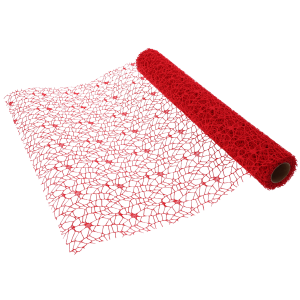Czerwona siatka koronkowa 48 cm x 5 yd to idealna tkanina dekoracyjna. Rolka z rozwiniętym fragmentem ażurowej siatki florystycznej.