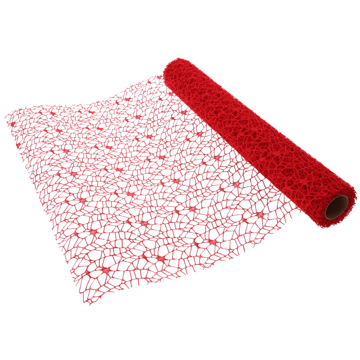 Czerwona siatka koronkowa 48 cm x 5 yd to idealna tkanina dekoracyjna. Rolka z rozwiniętym fragmentem ażurowej siatki florystycznej.