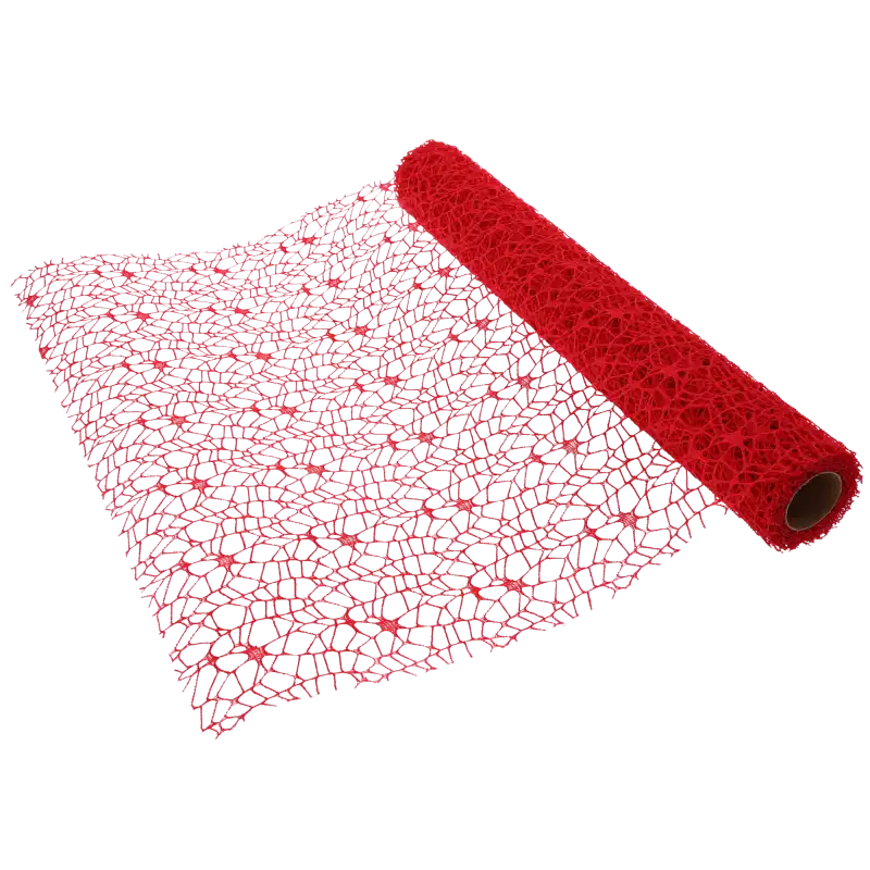 Czerwona siatka koronkowa 48 cm x 5 yd to idealna tkanina dekoracyjna. Rolka z rozwiniętym fragmentem ażurowej siatki florystycznej.