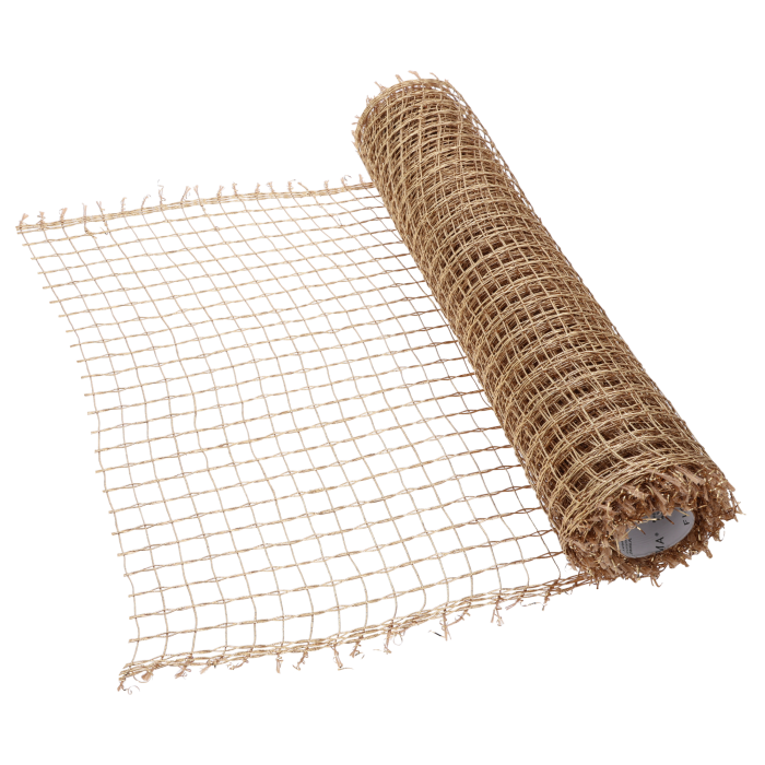 Widok na częściowo rozwiniętą złotą siatkę dekoracyjną o szerokości 50 cm. Wyraźna struktura ażurowa z regularnymi oczkami 14x14 mm.