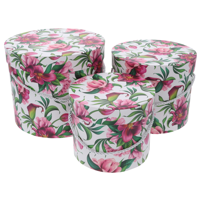 flower box, flower boxy okrągłe, flower box w kwiaty, pudełka na kwiaty, pudełko prezentowe, pudełko na prezent, zestaw flower boxów, flower box L M S, opakowanie na kwiaty, dekoracje ślubne, Walentynki, urodziny, rocznica, florystyka
