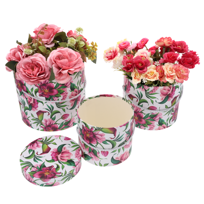 Flower boxy okrągłe w kwiaty, zestaw 3szt, eleganckie pudełka na kwiaty, prezenty, opakowanie ozdobne, florystyka, ślub, Walentynki, urodziny, hurt