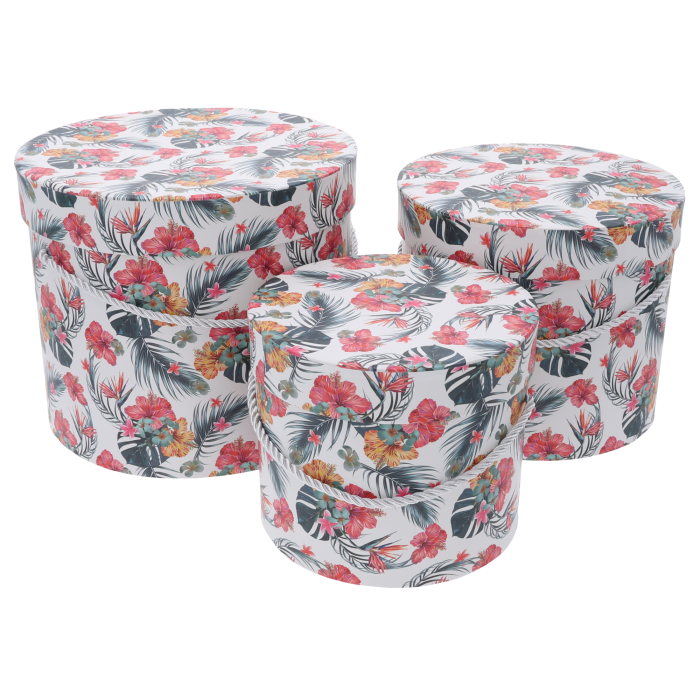 flower box, flower boxy okrągłe, flower box w liście, flower box w kwiaty i liście, pudełka na kwiaty, pudełko prezentowe, pudełko na prezent, zestaw flower boxów, flower box L M S, opakowanie na kwiaty, dekoracje ślubne, Walentynki,