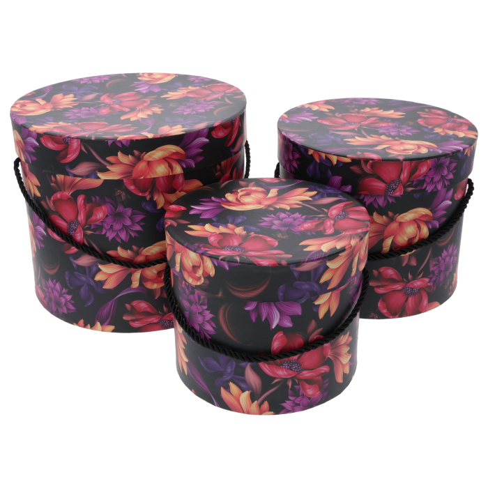 flower box, flower boxy okrągłe, flower box czarny, flower box w kwiaty, czarne pudełka na kwiaty, pudełko prezentowe, pudełko na prezent, zestaw flower boxów, flower box L M S, opakowanie na kwiaty, dekoracje ślubne, Walentynki, urodziny, rocznica