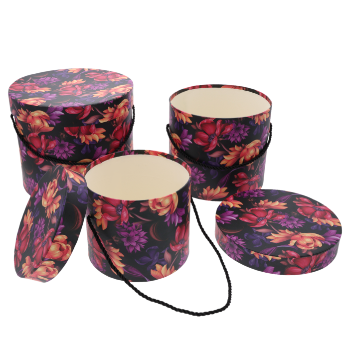 Flower boxy czarne okrągłe w kwiaty, zestaw 3szt, eleganckie pudełka na kwiaty, prezenty, opakowanie ozdobne, florystyka, ślub, Walentynki, urodziny, hurt
