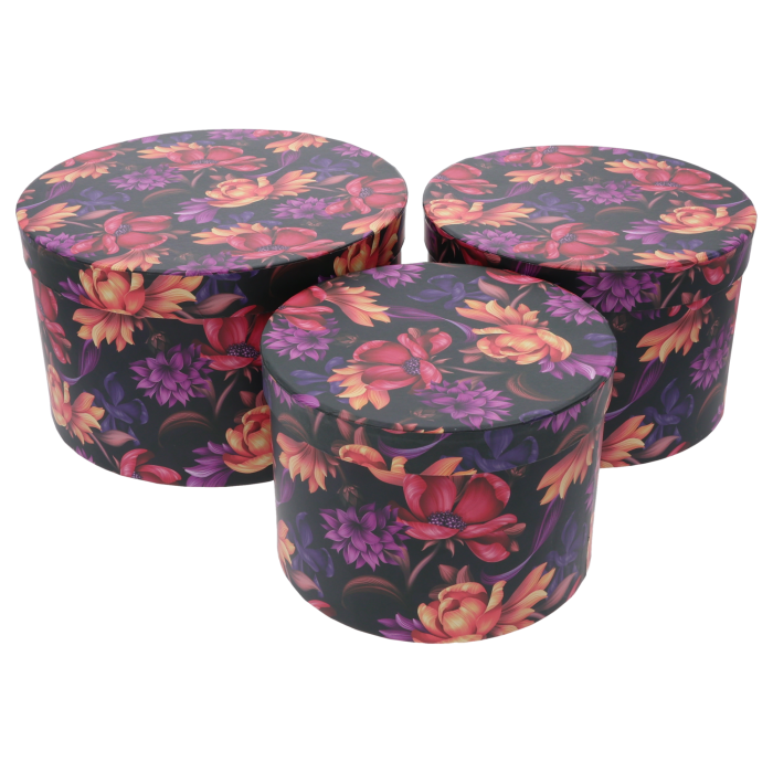 flower box, flower boxy okrągłe, flower box czarny, flower box w kwiaty, czarne pudełka na kwiaty, pudełko prezentowe, pudełko na prezent, zestaw flower boxów, flower box L M S, opakowanie na kwiaty, dekoracje ślubne, Walentynki, urodziny, rocznica