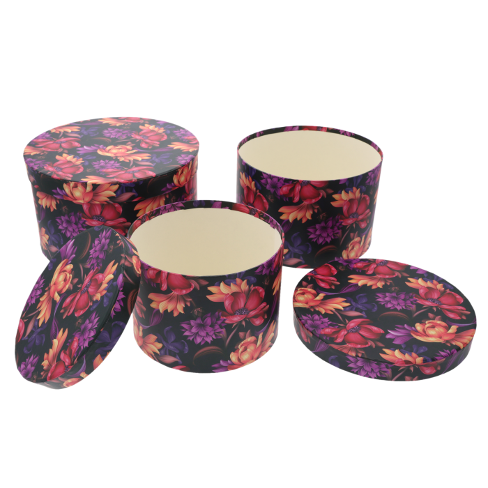 Flower boxy czarne okrągłe w kwiaty, zestaw 3szt, eleganckie pudełka na kwiaty, prezenty, opakowanie ozdobne, florystyka, ślub, Walentynki, urodziny, hurt