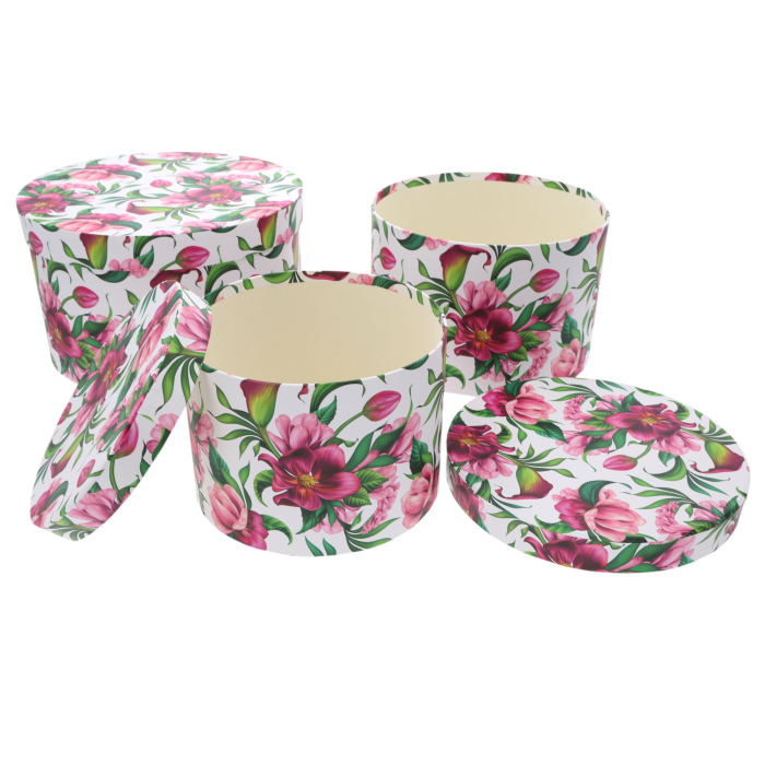 lower box, flower boxy okrągłe, flower box czarny, flower box w kwiaty, czarne pudełka na kwiaty, pudełko prezentowe, pudełko na prezent, zestaw flower boxów, flower box L M S, opakowanie na kwiaty, dekoracje ślubne, Walentynki