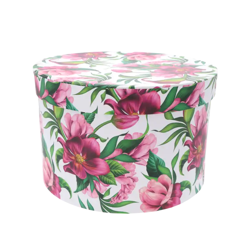 Pojedynczy okrągły flower box z kwiatowym wzorem. Estetyczne pudełko z pokrywką, doskonałe jako baza do tworzenia kompozycji roślinnych.