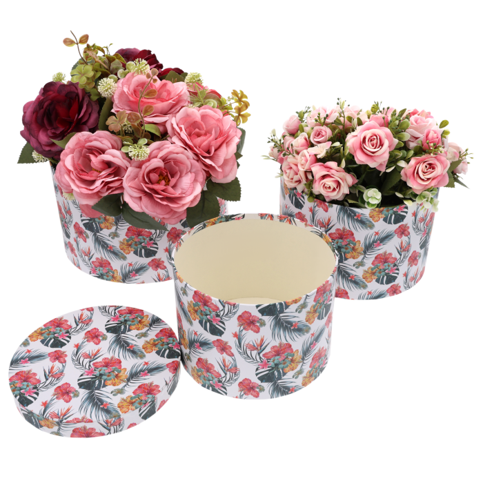 Flower boxy czarne okrągłe w kwiaty, zestaw 3szt, eleganckie pudełka na kwiaty, prezenty, opakowanie ozdobne, florystyka, ślub, Walentynki, urodziny, hurt