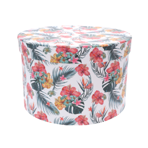 Pojedynczy okrągły flower box z ozdobnym nadrukiem w czerwone kwiaty i zielone liście. Pudełko idealnie nadaje się jako baza do tworzenia podziękowania dla rodziców.