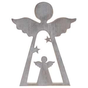 Drewniana figurka anioła o wysokości 30 cm w odcieniach szarości z motywem dwóch aniołów i gwiazdek. Stylowa dekoracja świąteczna.