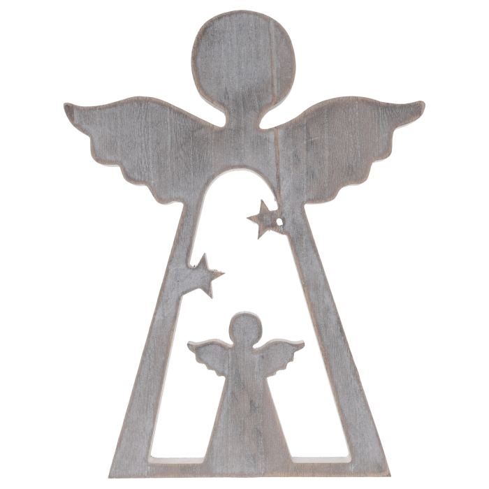 Drewniana figurka anioła o wysokości 30 cm w odcieniach szarości z motywem dwóch aniołów i gwiazdek. Stylowa dekoracja świąteczna.