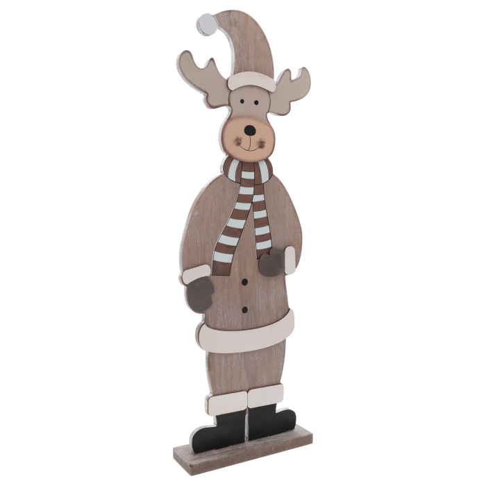 Drewniana figurka renifera 60 cm ukazana w ujęciu z boku, prezentująca smukłą sylwetkę i sposób wykończenia detali.