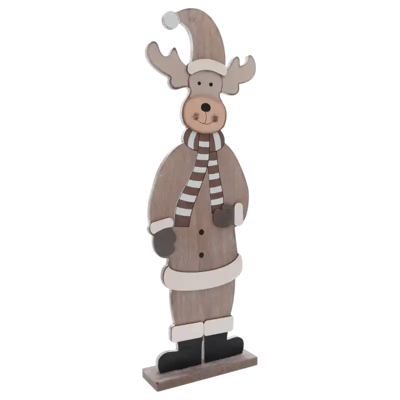 Drewniana figurka renifera 60 cm ukazana w ujęciu z boku, prezentująca smukłą sylwetkę i sposób wykończenia detali.