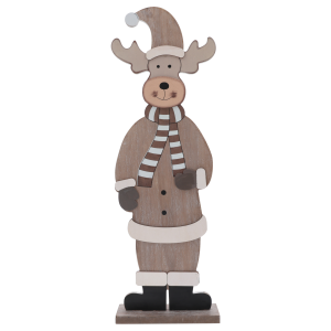 Duży drewniany renifer dekoracyjny o wysokości 60 cm w czapce i szaliku. Świąteczna figurka z drewna na stabilnej podstawie.