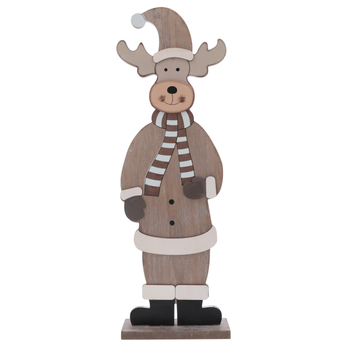 Duży drewniany renifer dekoracyjny o wysokości 60 cm w czapce i szaliku. Świąteczna figurka z drewna na stabilnej podstawie.