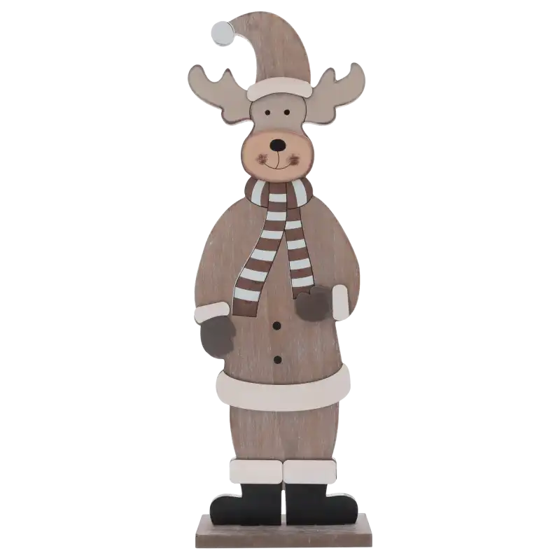 Duży drewniany renifer dekoracyjny o wysokości 60 cm w czapce i szaliku. Świąteczna figurka z drewna na stabilnej podstawie.