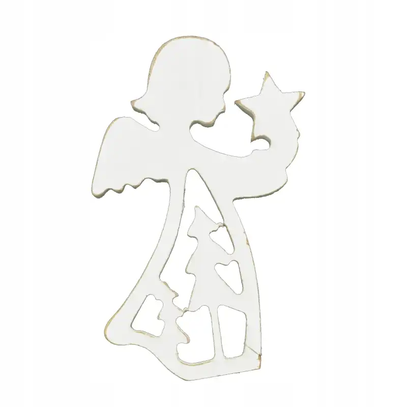 Drewniana figurka ozdobna Aniołek biały o wysokości 14 cm. Dekoracja utrzymana w klasycznej stylistyce, idealnie pasująca do wnętrz świątecznych.