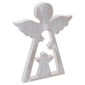Szara drewniana figurka anioła 20 cm ukazana z prawego półprofilu, prezentująca detale wycięcia w kształcie mniejszego aniołka.