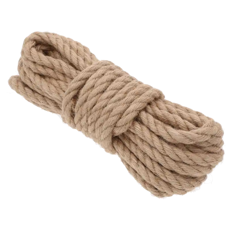 Zwinięty w zwój sznurek jutowy o średnicy 12mm i długości 10m. Naturalny materiał o 3-żyłowej konstrukcji do dekoracji wnętrz.