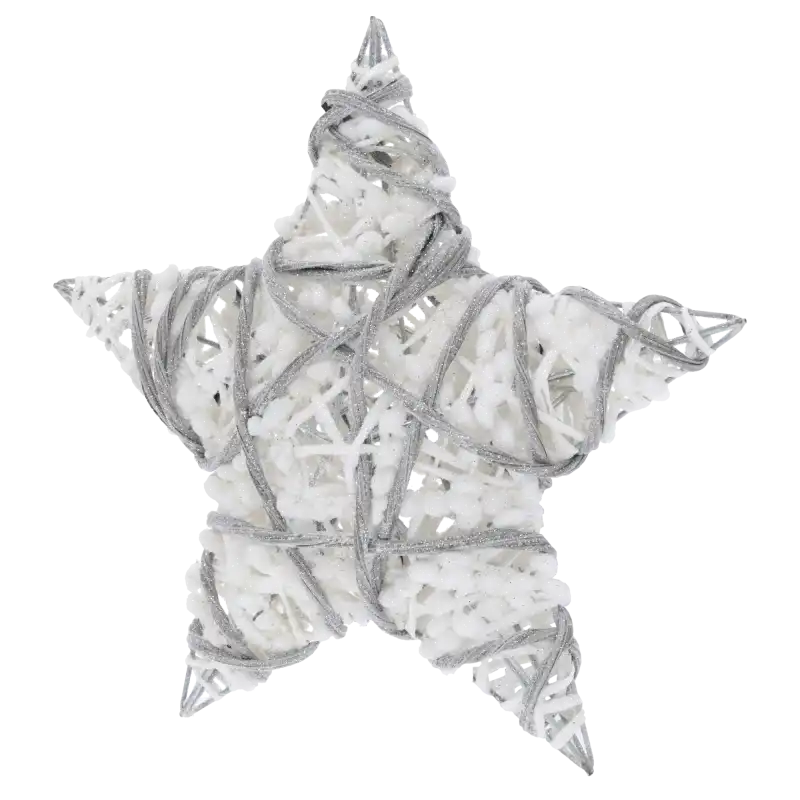 Detale dekoracyjnej gwiazdy 30 cm: połączenie bieli i szarości, metalowy stelaż oraz warstwa brokatu tworząca świąteczny blask.
