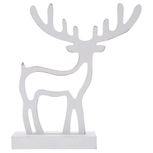 Drewniany renifer w kolorze białym o wysokości 22 cm to klasyczna figurka świąteczna ustawiona na stabilnej podstawie.