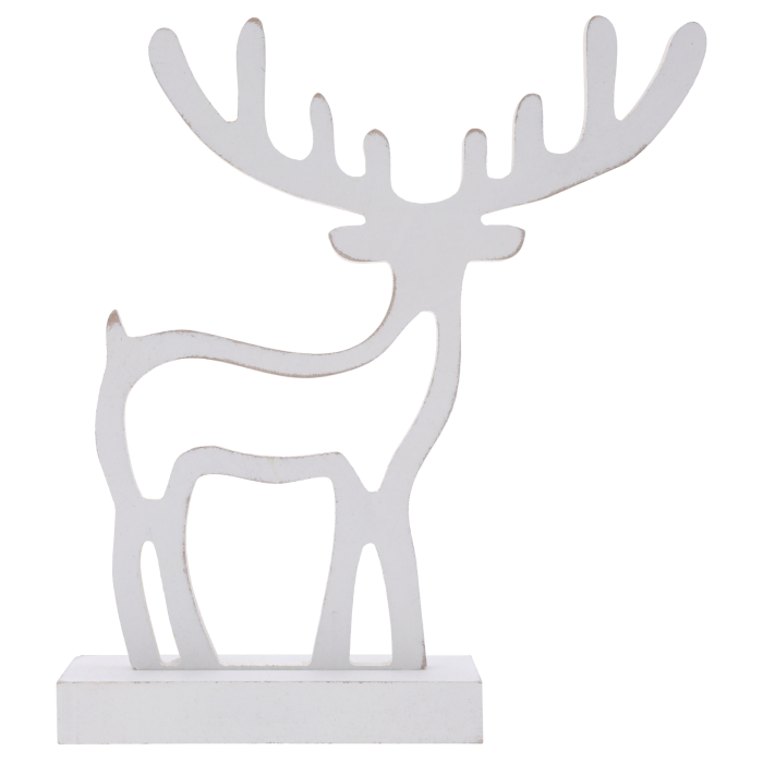 Drewniany renifer w kolorze białym o wysokości 22 cm to klasyczna figurka świąteczna ustawiona na stabilnej podstawie.
