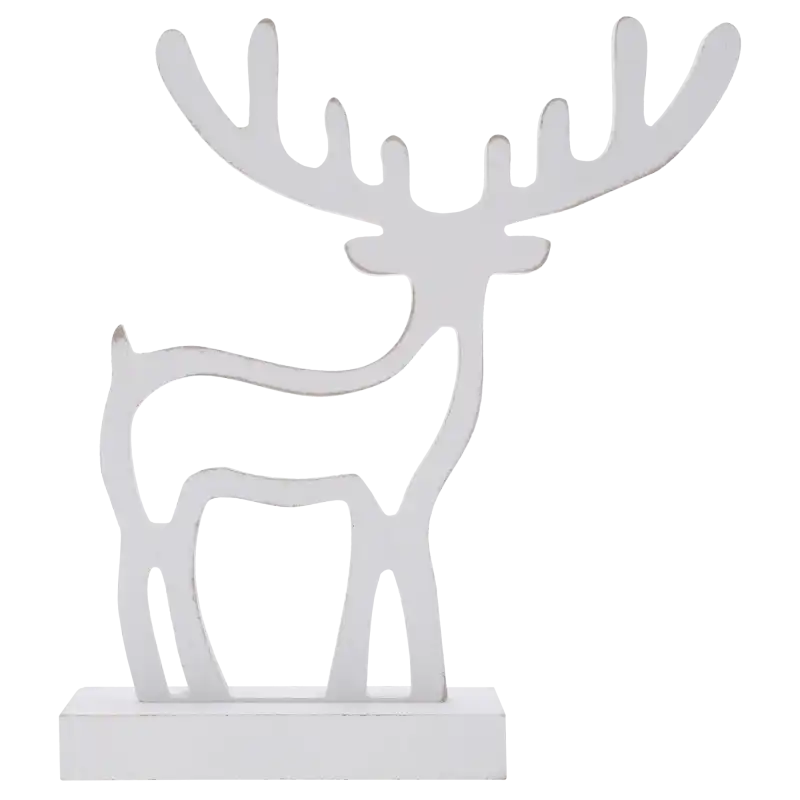 Drewniany renifer w kolorze białym o wysokości 22 cm to klasyczna figurka świąteczna ustawiona na stabilnej podstawie.