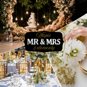 Grafika promocyjna prezentująca napis Mr &amp; Mrs w użyciu na weselnych aranżacjach.