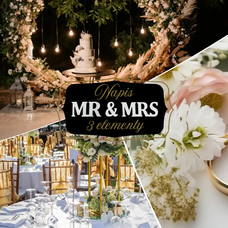 Grafika promocyjna prezentująca napis Mr &amp; Mrs w użyciu na weselnych aranżacjach.