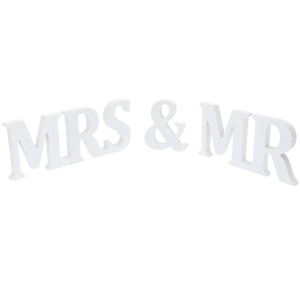 Biały napis Mr &amp; Mrs o długości 50 cm. Zestaw trzech elementów 3D, idealny jako artykuły dekoracyjne na wesele.