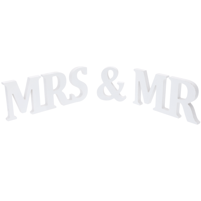 Biały napis Mr &amp; Mrs o długości 50 cm. Zestaw trzech elementów 3D, idealny jako artykuły dekoracyjne na wesele.