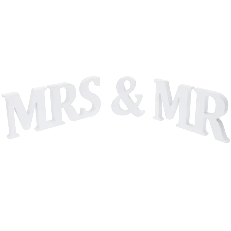 Biały napis Mr &amp; Mrs o długości 50 cm. Zestaw trzech elementów 3D, idealny jako artykuły dekoracyjne na wesele.